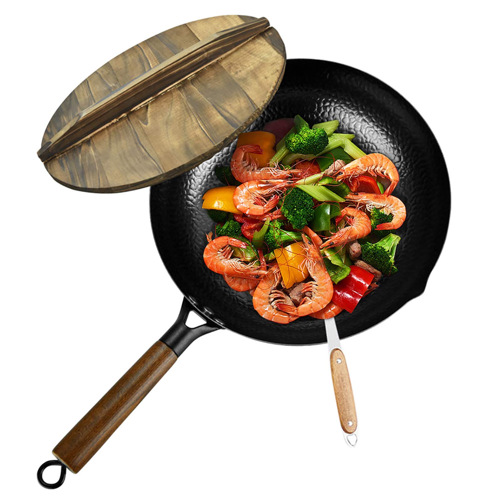Wok pan carbon steel wok For gas stoves And electric Induction,12.5 inch non-stick wok With wooden s
