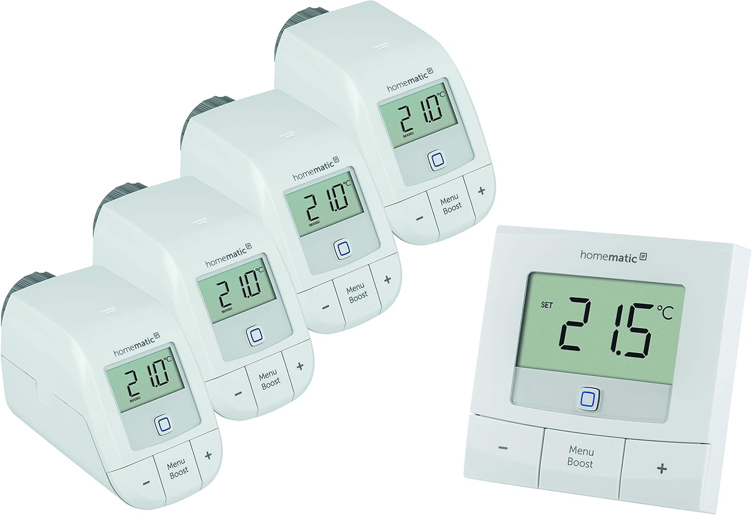 Homematic IP Set Heizen Basic L, 4X Heizkörperthermostat HmIP-eTRV-B &amp; 1x Wandthermostat HmIP-WTH-B