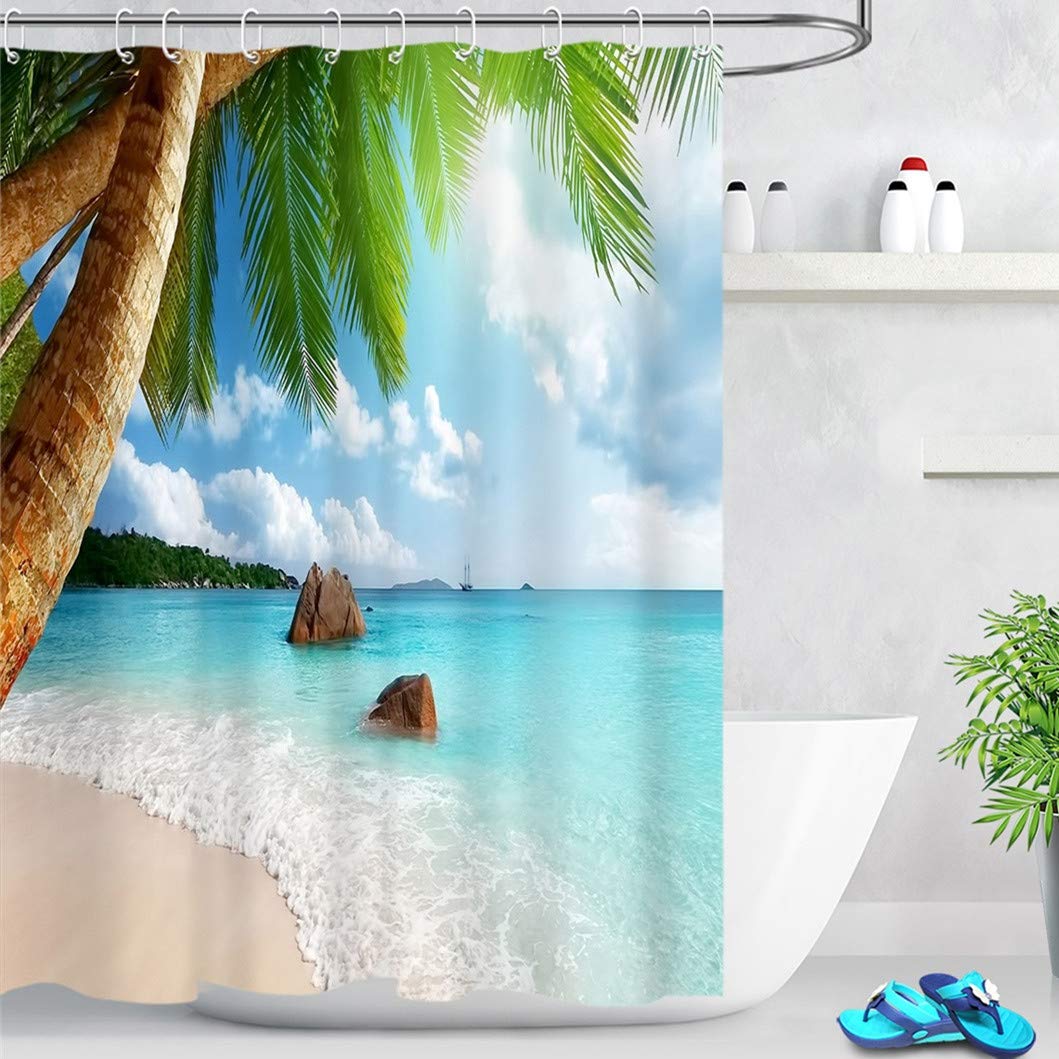 LB Tropical Beach Shower Curtain Turquoise Sea Bath Curtain Green Palm Tree on Island Anti Mould Waterproof Polyester Fabric Bathroom Curtains with Hooks,59x71 inches,Garden Decor
