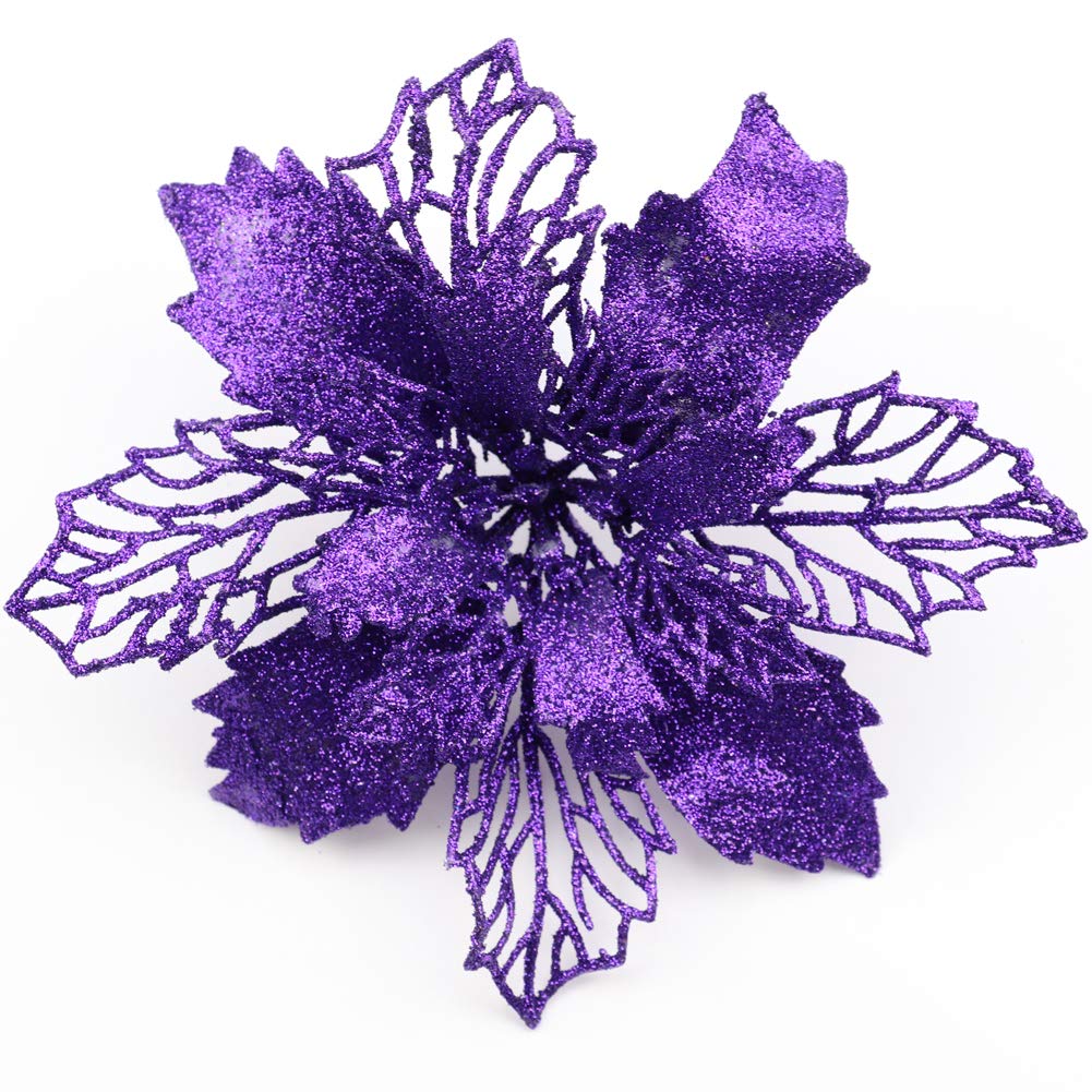 Sofecto 12 Pack Christmas Glitter Poinsettia Flowers Artificial Flower Christmas Tree Decorations and Ornaments, 16cm Diameter with Clips(purple)