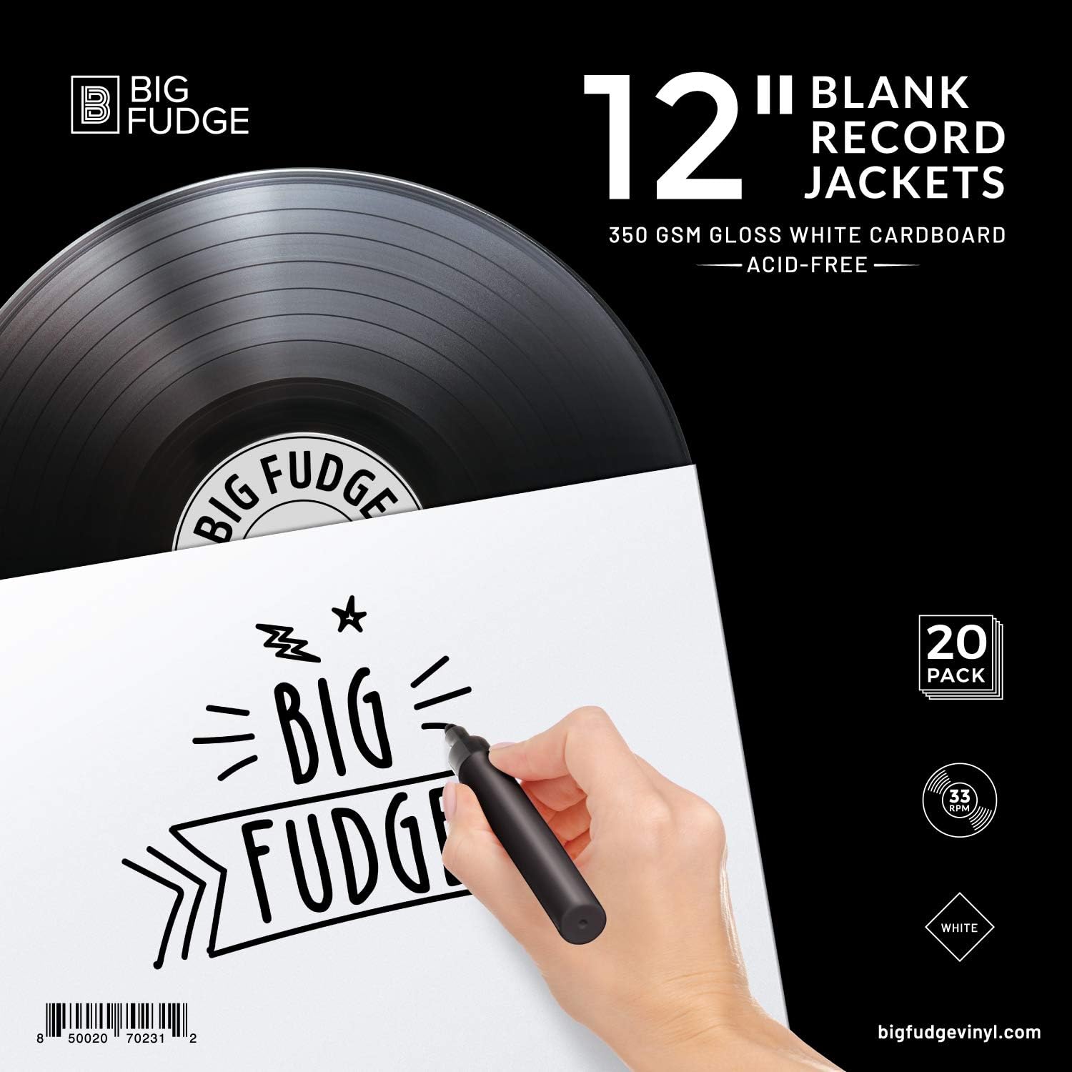 BIG FUDGE Pro Blank Album Jackets, 12 Inch x White, 20 Vinyl Record Covers (350gsm)