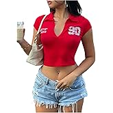 SOLY HUX Women's Y2k Crop Top Summer Collared V Neck Short Sleeve Graphic T-Shirts Streetwear