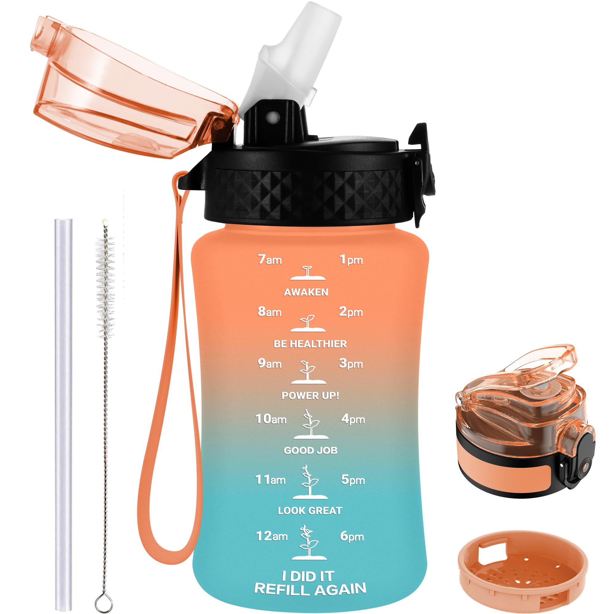 GOPPUS 350ml/12oz Kids Water Bottle With Straw Tritan Drinks Bottle with Strap Small Toddler Juice Bottles with Flip Top Lid Leakproof Children's Cup with Time Marking BPA free Girl Boy (Orange Green)