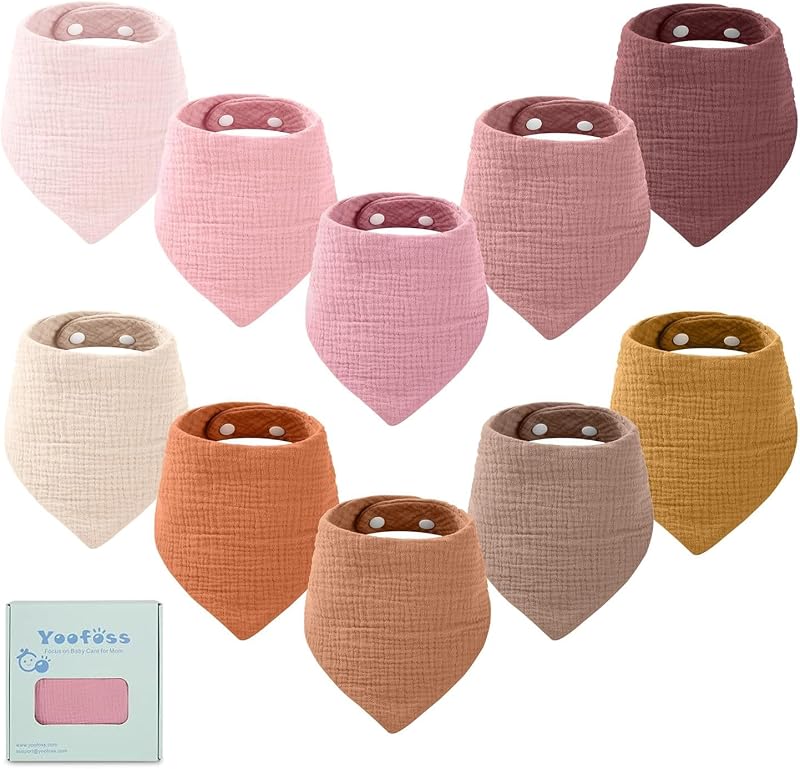 Yoofoss Baby Bibs 10 Pack Muslin 6 Layer Adjustable Snaps 100% Cotton Gift