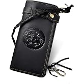 Le'aokuu Mens Genuine Leather Bifold Wallet Organizer Checkbook Removable Chain Wallet