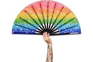 Raveahem UV Glow Rave Fan, Bamboo Folding Clack Hand Fan for Men Women (Glitter Rainbow, Large 13")