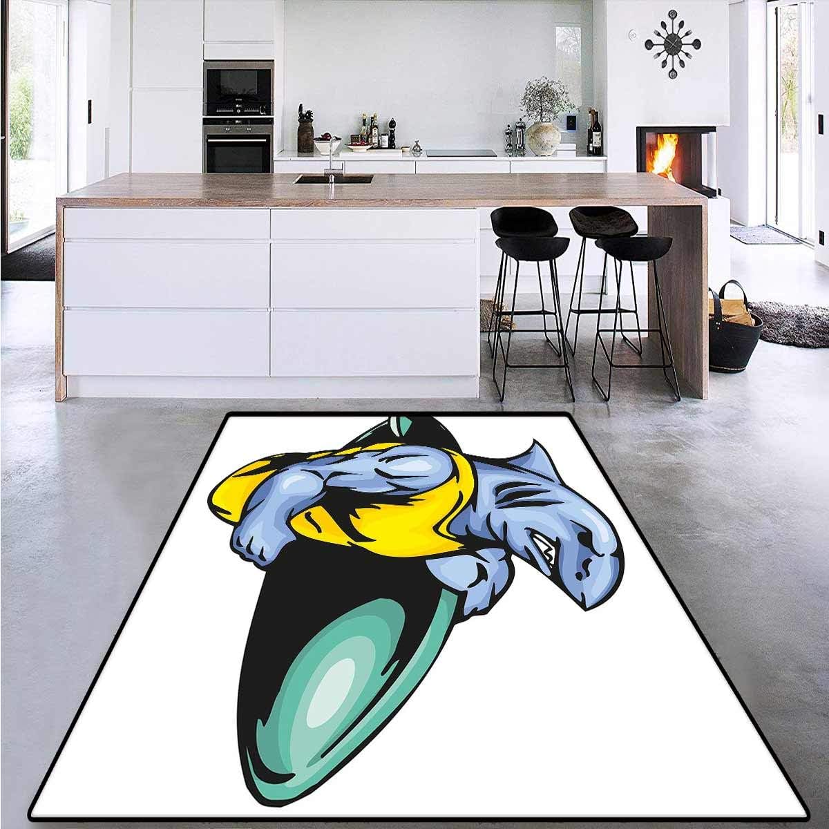 Shark, Door Mats for Inside, Grumpy Surfer Shark with Muscled Body Exotic Sports Mascot Cartoon, Area Rug Anti Slip Pad 6'6" x 10' Light Blue Yellow Jade Green