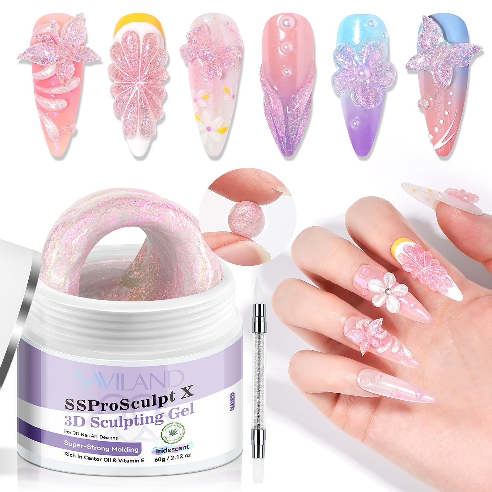 SAVILAND Iridescent 3D Sculpting Gel: Strong Molding Solid for Nail Art, Extension & Designs - 2.12oz Professional Salon Use