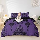 Purple Black Dragon Duvet Cover Set Queen Size,Vintage Boho Floral Print Bedding Set 3Pcs,Paisley Pattern Comforter Cover for Kids Boys Girls Adult Room Decor Exotic Trippy Quilt Cover,2 Pillowcases