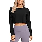 CRZ YOGA Pima Cotton Long Sleeve Shirts for Women Loose Workout Crop Tops Athletic Gym Cropped Basic T-Shirts