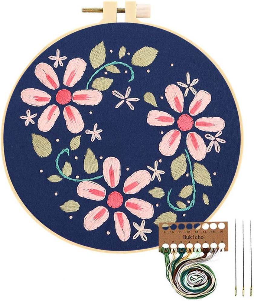 Embroidery Starter Kit with Pattern, Cross Stitch Kit Include Stamped Embroidery Clothes with Floral Pattern, Plastic Embroidery Hoops, Color Threads and Tools Needlepoint Kits (Pink Flowers)