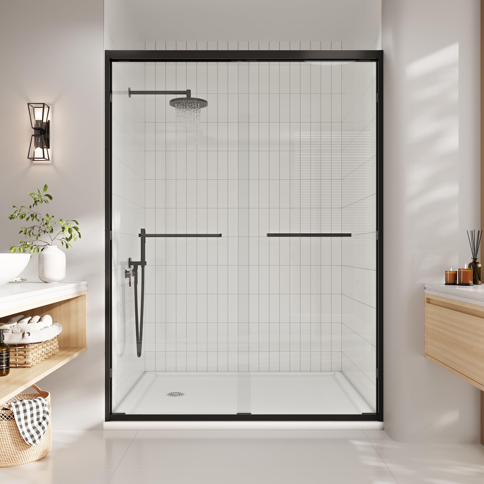 Photo 1 of 44-48 in. w x 72 in. h Semi-Frameless Double Sliding Shower Door, Clear Tempered Glass, Matte Black Frame for Walk-in Shower, Space-Saving Solution for Tight Bathrooms