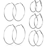 Kifmurase 5 Pairs Large Thin Silver Hoop Earrings, Hypo-allergenic Thin Silver Hoop Earrings Set, Lightweight Big Loop Earring Stainless Steel Earings 30/40/50/60/70 mm