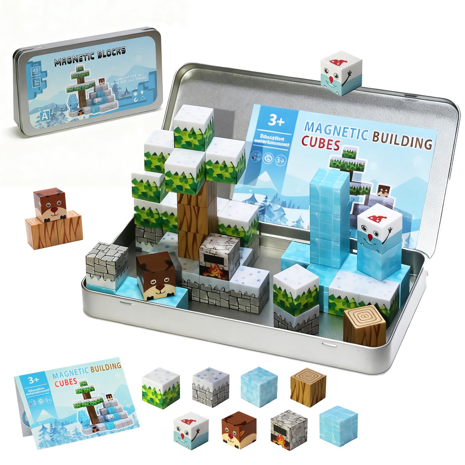 Travel Magnetic Blocks, Mini Magnetic Tiles Travel for Toddlers, 45pcs Magnet Building Blocks with Portable Iron Box, Magnet Toys Gift for Ages 3+ Year old Plane Activities for Kids(Snow)