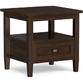 SIMPLIHOME Warm Shaker 20" Wide Solid Wood End Table in Brunette Brown | Transitional accent table with a storage drawer and open shelf; square side table, sofa table, or nightstand for any room.
