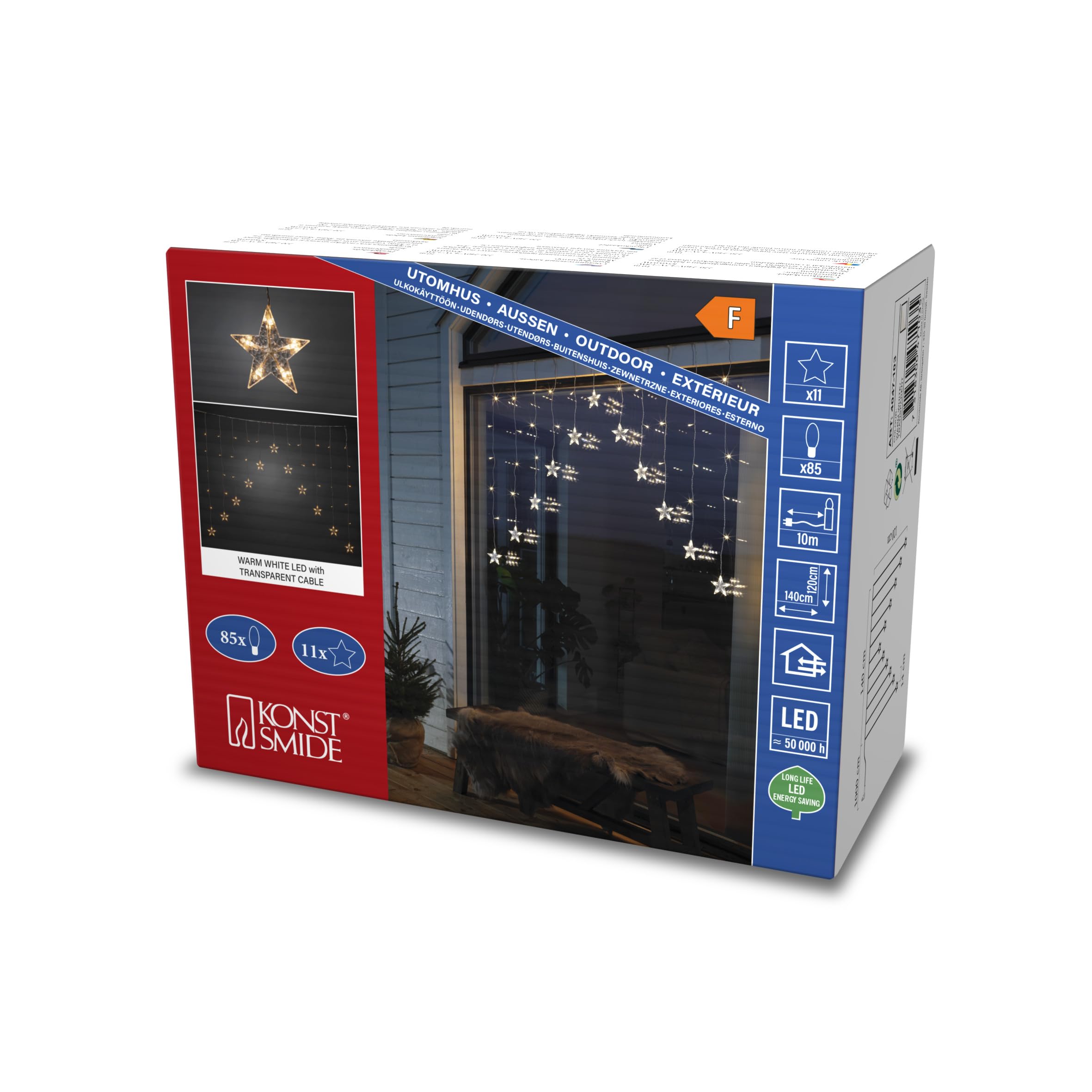 Konstsmide LED Curtain Fairy Lights/11 Clear Stars/85 Warm White Diodes/Outdoor or Indoor/Transparent Cable/Mains Powered/1.2m High x 1.4m Wide and 10m Lead