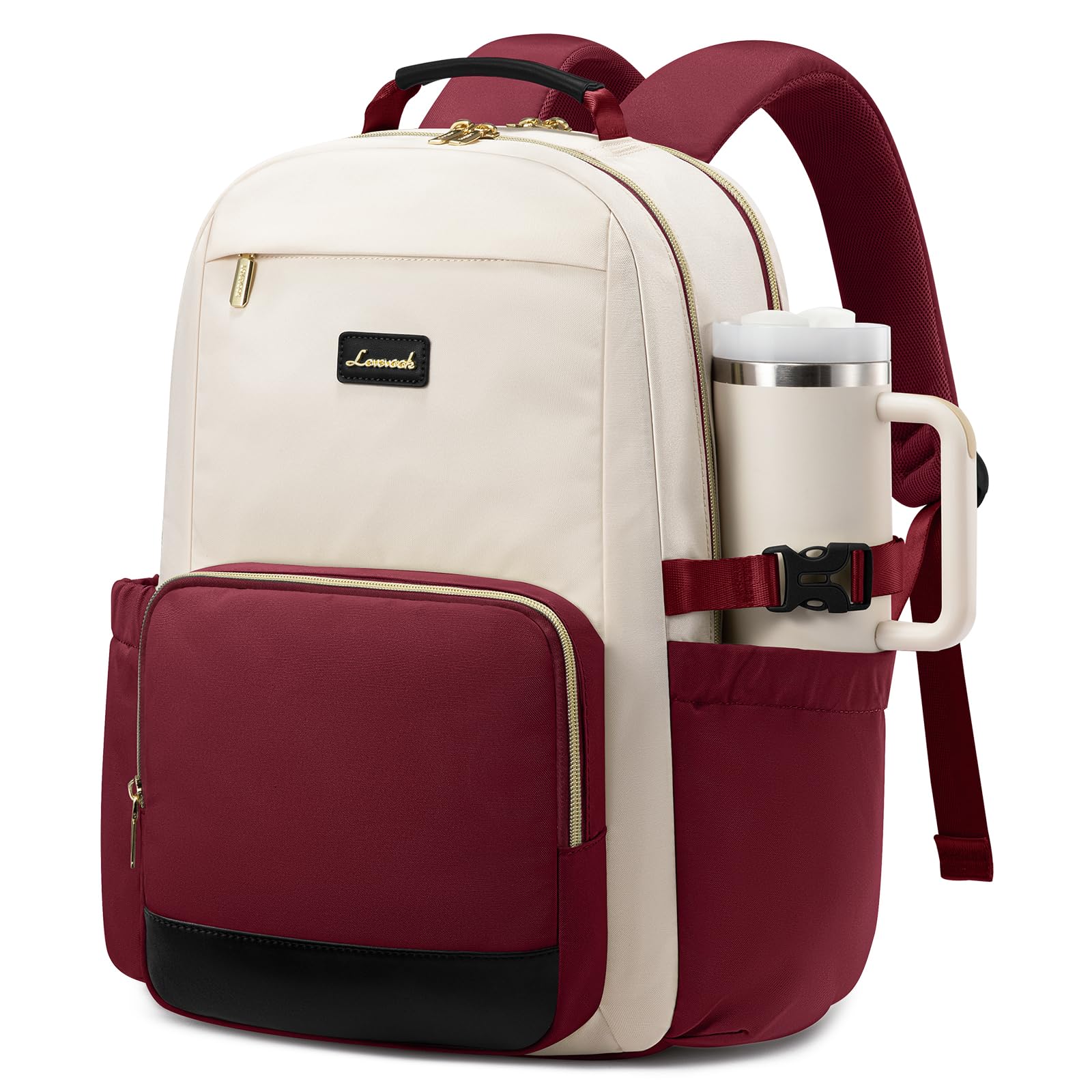 Photo 1 of LOVEVOOK Laptop Backpack for Women with Pouch Pocket for Large Capacity Cup,17 Inch Teacher Nurse College Work Backpack Purse,Waterproof Laptop Bag Computer Back Pack for Travel, Beige-Red-Black