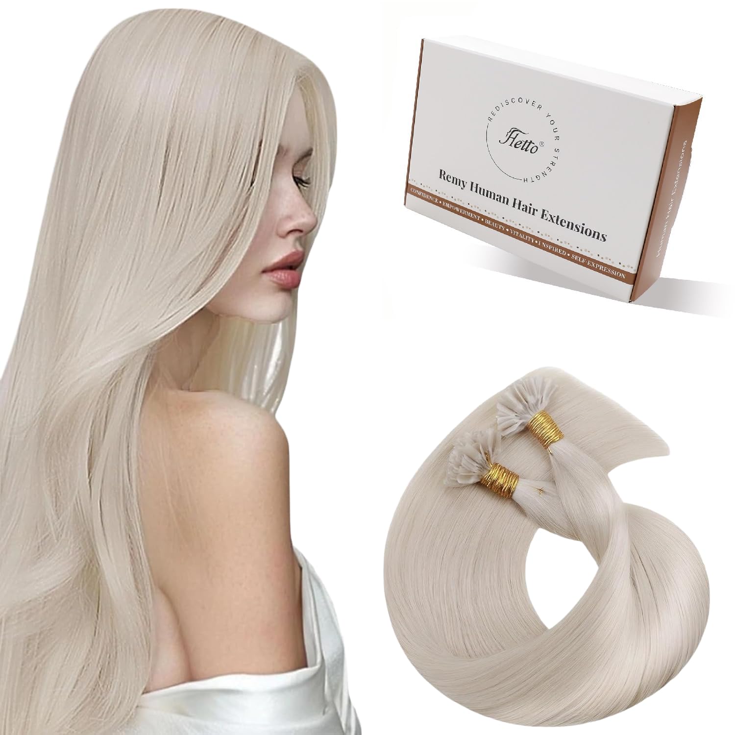 Hetto K Tip Hair Extensions Real Human Hair Platinum Blonde Straight U Tip Extensions Reusable Pre Bonded Keratin Remy Hair for Party 14 Inch 50strands 50g #60 — image 1