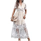 2026 Spring Summer Maxi Dresses for Women V Neck Short Sleeve Lace Floral Flowy Beach Vacation Boho Wedding Sundress