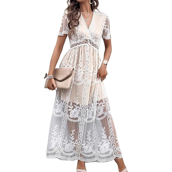 green emerald velvet dress Womens White Boho Maxi Dress Deep V Neck Short Sleeve Lace Ruffle Long Dress  Elegant Floral Beach Dresses (White, L) at Amazon Women's Clothing store