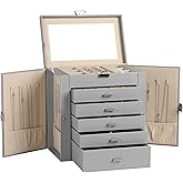 Frebeauty Large Jewelry Box,6-Tier PU Leather Jewelry Organizer,Multi-functional Storage Case with Mirror,Accessories Holder with 5 Drawers for Necklace Bracelets Watches(Grey)