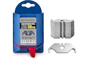 Berkling Utility Hook Razor Blades 50 PCS With Dispenser, SK2H Laser Sharpened Hardened, Ultra 3X Sharper and 5X Durable, Heavy Duty Replacement Blades for Carpet, Roofing Blade Knife, Box Cutter