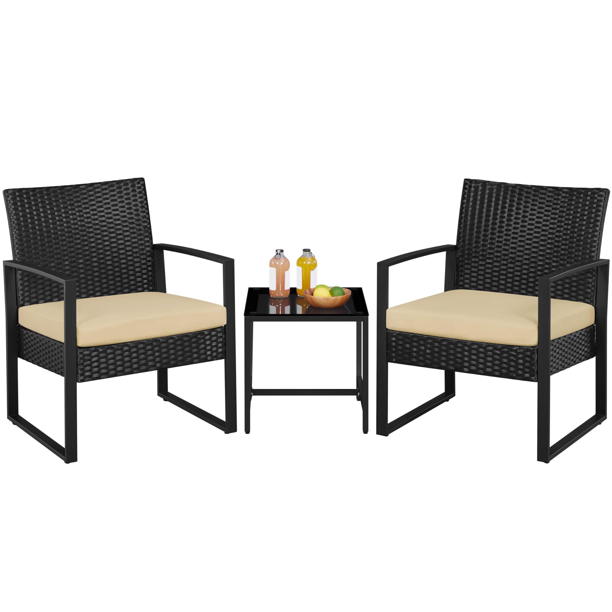 Yaheetech 3 Pieces Rattan Bistro Set, Indoor/Outdoor Wicker Patio Modern Conversation Furniture, 2 Chairs & Tempered Glass Coffee Table for Garden, Balcony, Backyard, Poolside, Black/Khaki Image
