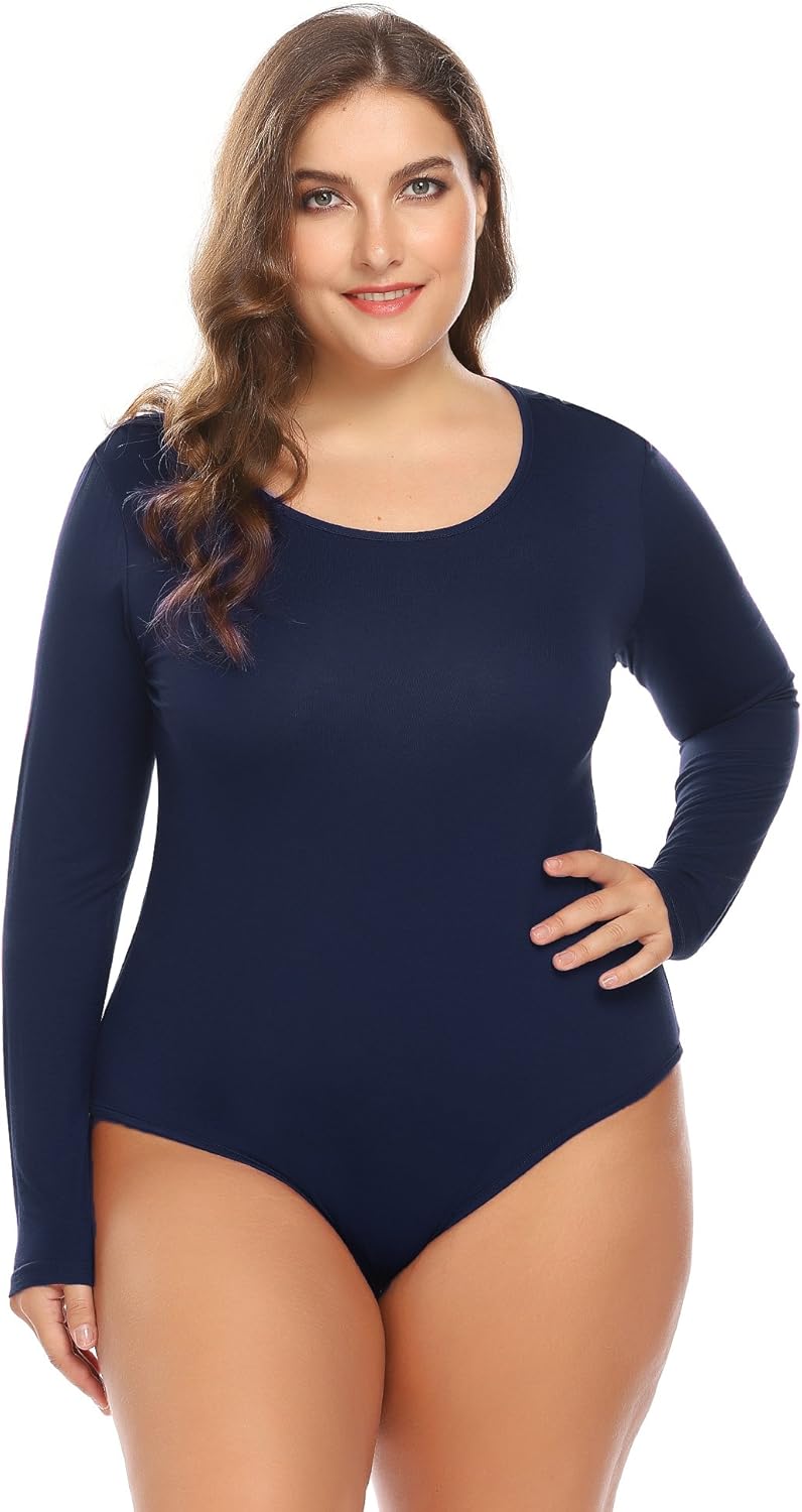 Zeagoo Women's PLus Size Stretchy Long Sleeve Bodycon Bodysuit Leotard Top Navy Blue XXXX-Large 
