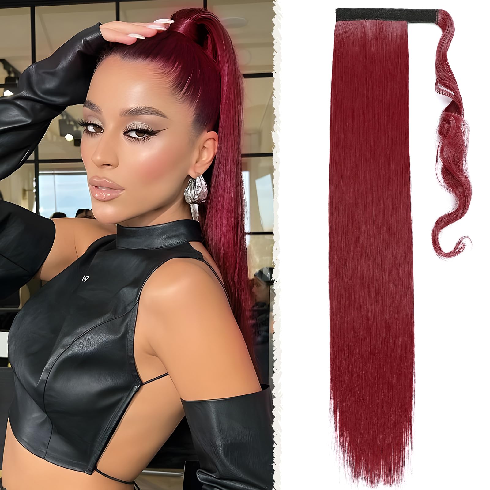 Benehair Straight Ponytail Extension 26 Inches Long Wrap Around Drawstring Ponytail Synthetic Hair Extension Ponytail Hairpieces Wine Red Hair Pieces for Women(Wine Red, 100g)