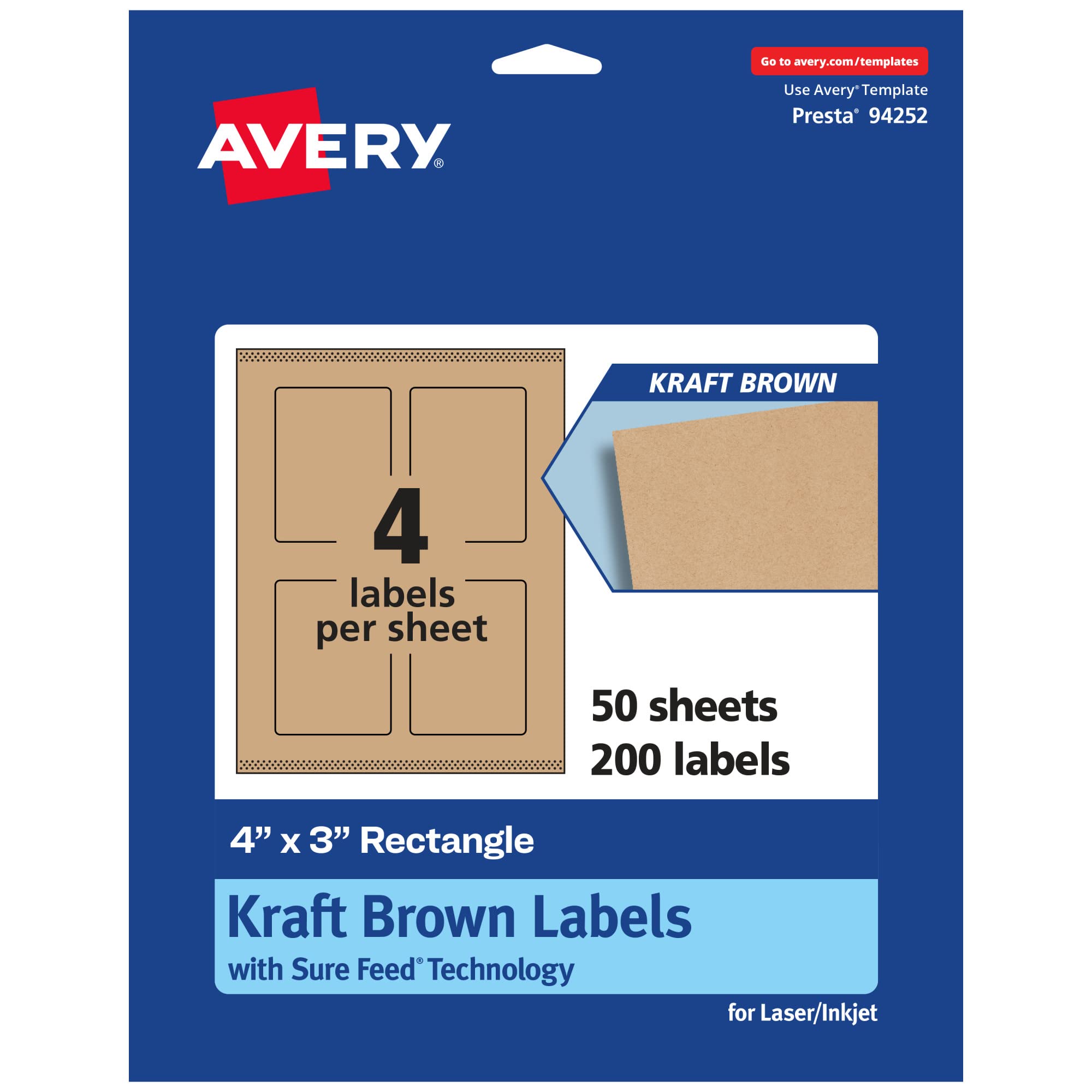 Avery Kraft Brown Rectangle Labels, Sure Feed Technology, 4″ x 3″, 200 Kraft Brown Labels, Print-to-The-Edge, Laser/Inkjet Printable