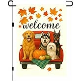 BlissYard Welcome Fall Garden Flag 12x18 Inch Double Sided Red Truck with Dogs Yard Flags Autumn Pumpkin Leaf Outdoor Decoration Small Flag for Porch Lawn Pet Lovers