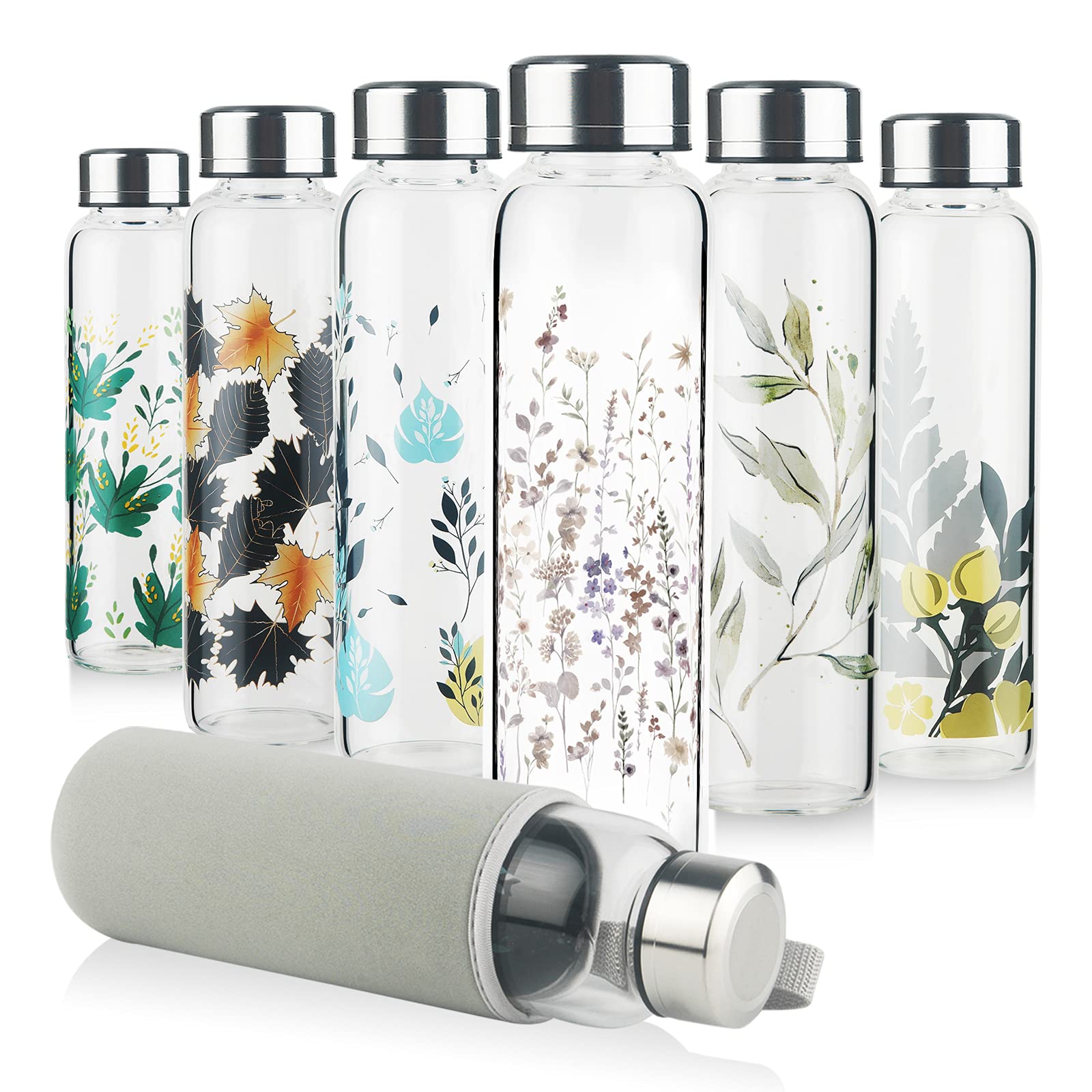 Reeho Borosilicate Glass Water Bottle with Neoprene Sleeve and Leakproof Stainless Steel Lid 500 ml / 1000 ml / 1 Litre