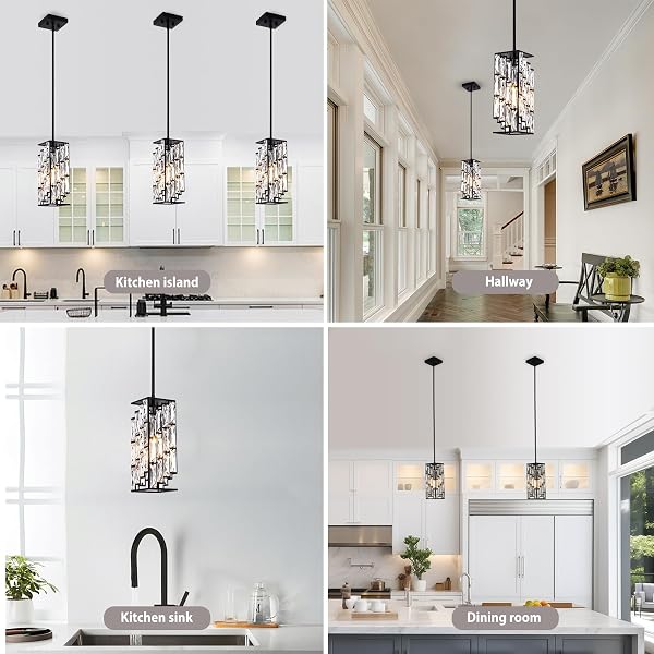 BESYTAL CRYSTAL PENDANT LIGHTS KITCHEN ISLAND 2 PACK, MODERN BLACK CHANDELIER HEIGHT ADJUSTABLE, HANGING LIGHTS FOR KITCHEN ISLAND DINING ROOM BEDROOM