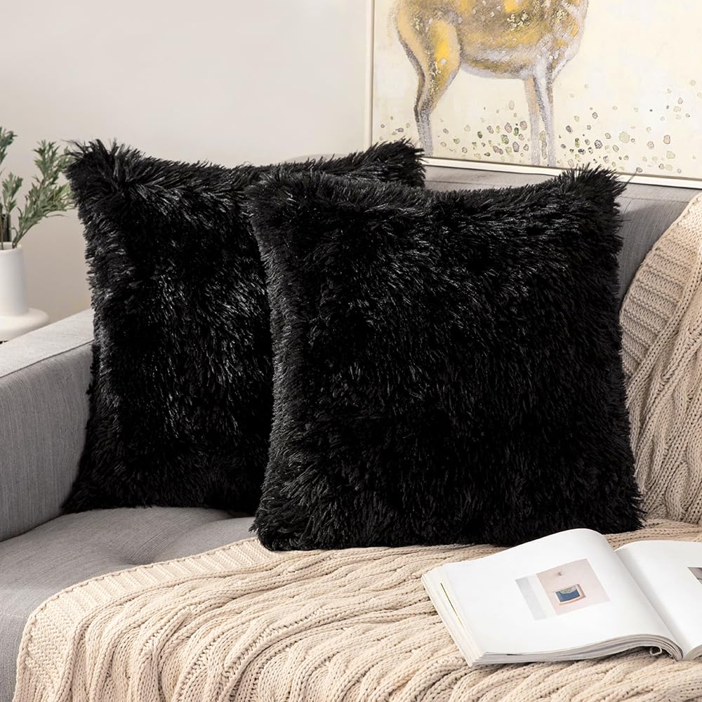 Photo 1 of ANRODUO Pack of 2 Black Throw Pillow Covers Luxury Fluffy Pillows Faux Fur Decorative Pillows Plush Cushion Case Fuzzy Mongolian Merin Style for Bed Couch Sofa Living Room Spring Decor 18x18 Inch