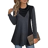 Youtalia Women's Long Sleeve Cowl Neck Tunic Color Block Pullover Sweatshirt