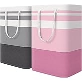 HomeHacks 2 Pack Large Laundry Baskets, Waterproof, Freestanding Laundry Hampers, Collapsible Clothes Hamper with Reinforced Handles in Laundry, College Dorm, Bathroom, Bedroom (Grey+Pink, 75Lx2)