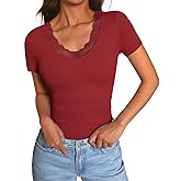 GKBK Womens Short Sleeve V Neck T Shirts Ribbed Lace Casual Tops Going Out Fitted Tight Shirts Basic Tee 2026 Outfits Trendy