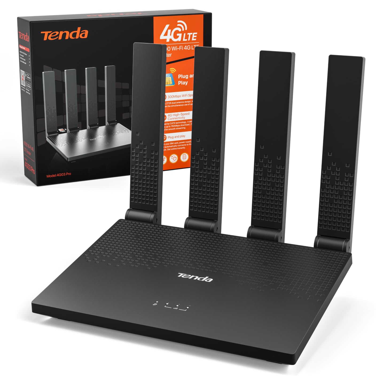 Tenda 4G LTE Router mit SIM Karte Modem N300 WLAN Cat4 4G03 Pro V2.0-4 Faltbare Antennen, USB-C Powerbank-Betrieb, LAN/WAN, Plug&Play, Mobiler für Wohnmobil, Camping, Homeoffice & Garten
