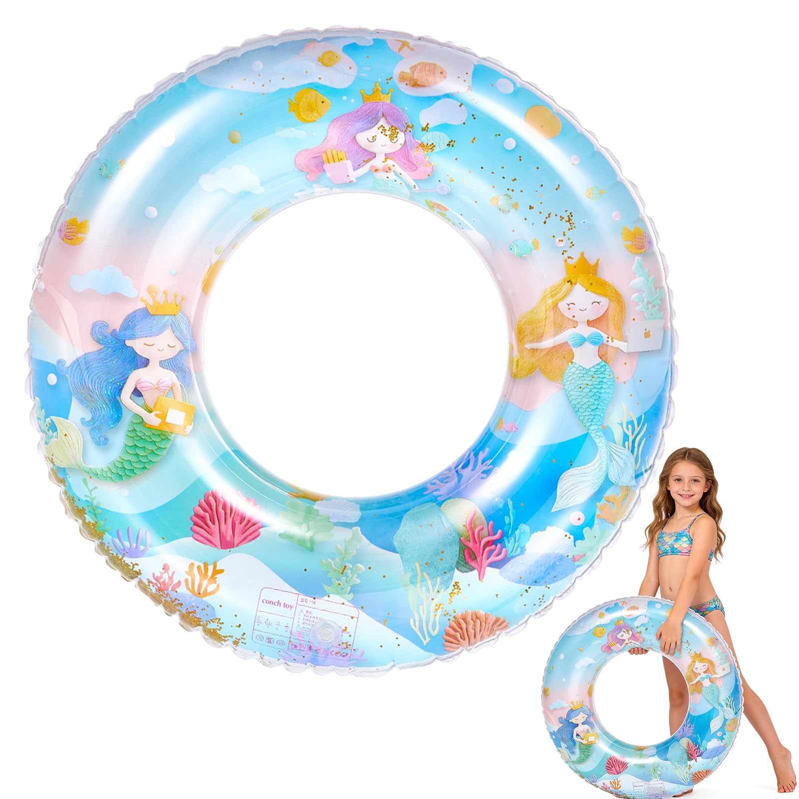 Swimming Ring for Kids, Mermaid Transparent Rubber Ring Inflatable Ring with Sequin, Leak-proof Pool Floats for Kids 4-9 Year