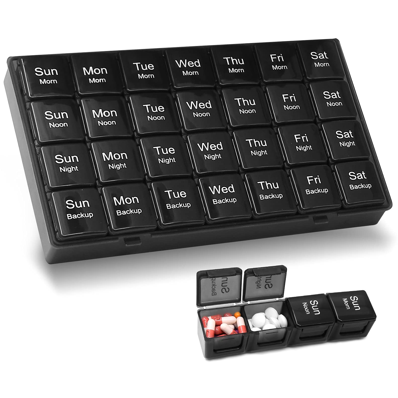 Extra Large Pill Box Organiser - BiaoGan XL 7 Day 4 Times A Day Monthly Pill Dispenser - 28 Compartments Weekly Pill Case Container for Medication Vitamins and Supplements, Black (Black)