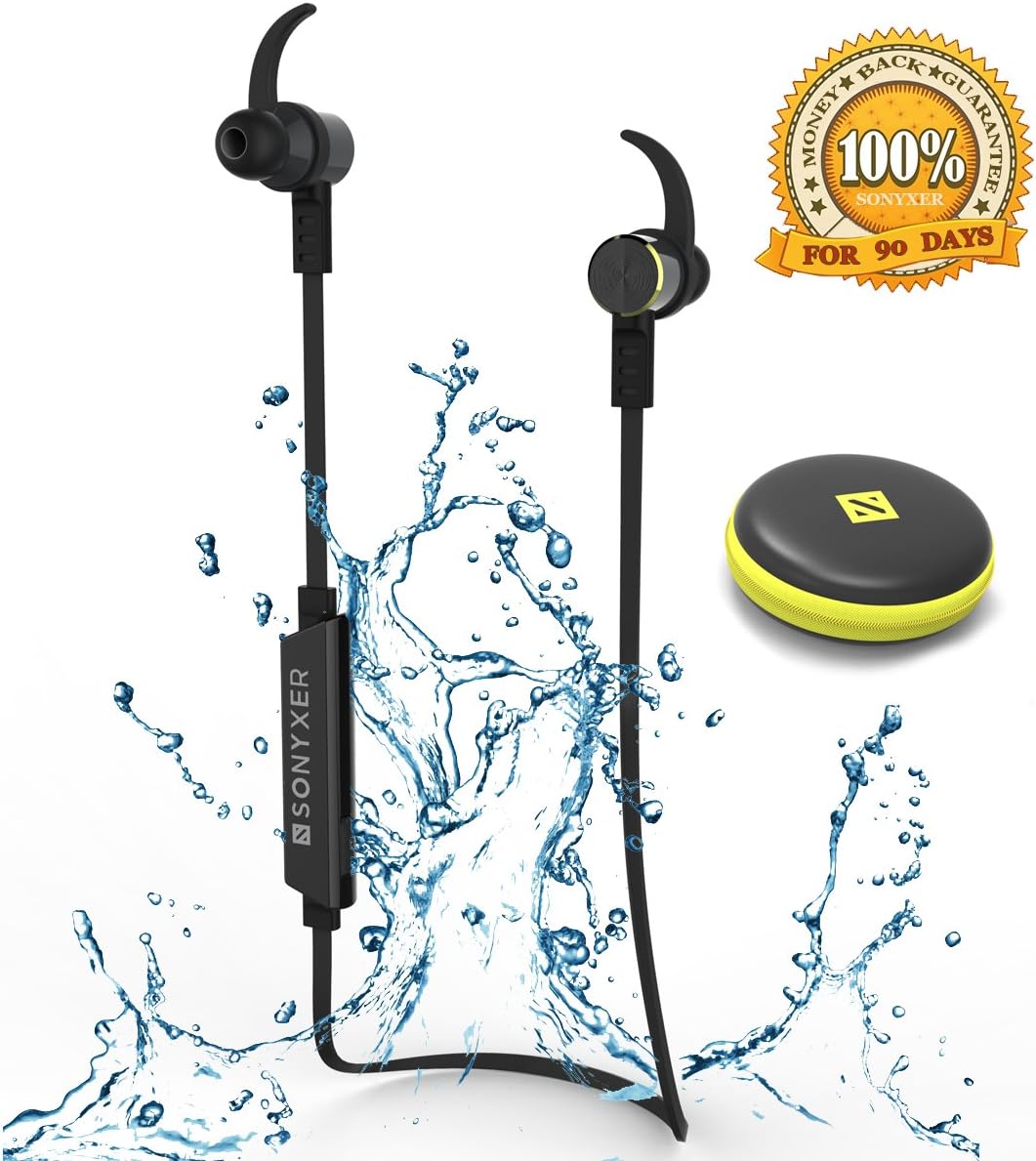 Bluetooth Headphones,SONYXER Waterproof Earphones Wireless Headphone Sport Headset with Mic Lifetime Sweatproof Warranty Wireless Ear buds with Mini Case-Black