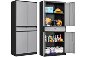 SISESOL Metal Garage Storage Cabinet with Doors and Shelves,Metal Storage Cabinet with Lock and Drawer,Metal Cabinet with Locking Doors,4 Door Steel Cabinet,71" Lockable Storage Cabinet for Garage,Home,Office