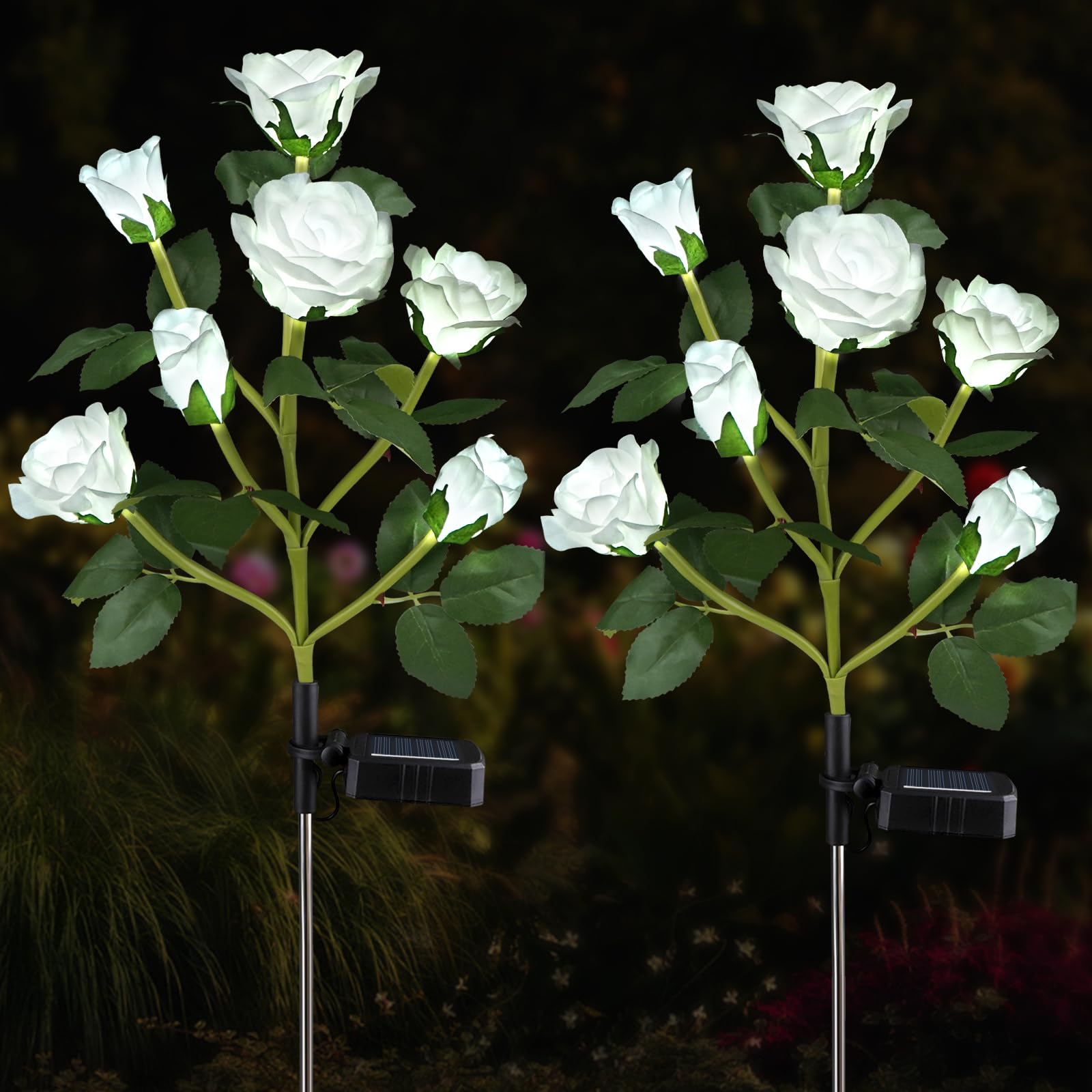 Aolyty 2 Pcs LED Solar Garden Lights, Decorative Waterproof Roses Stake Light, 7 Flowers Outdoor Artificial Ornaments for Grave Patio (White)