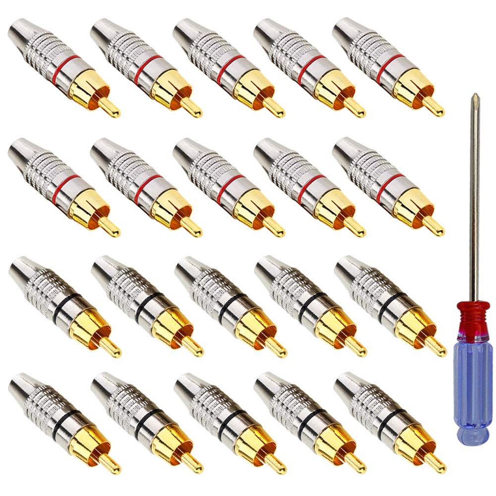 QitinDasen 20Pcs Premium Gold Plated RCA Plugs, Audio Video Connector, Solderless Plug Screws, In-Line Jack Adapter, for Multimedia and CCTV (Red & Black Circle)