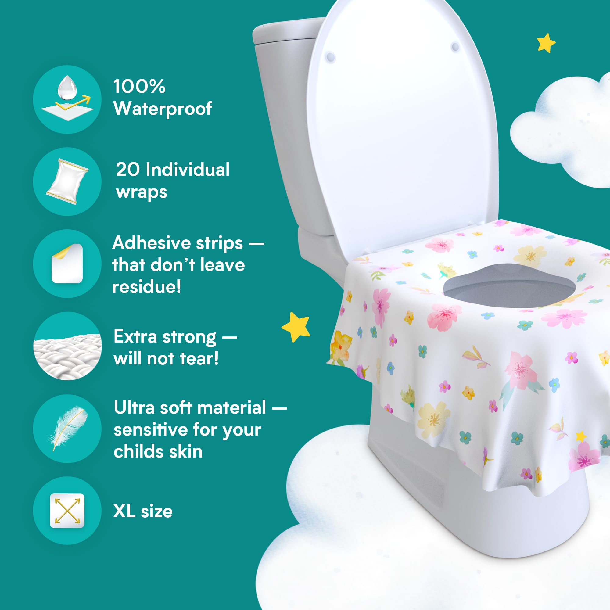Eli with Love 40 Extra Large Disposable Toilet Seat Cover by Eli with Love – Toddler Toilet Covers for Full Coverage On Toilet or Potty – Ideal Travel Toilet Seat Covers for Kids and Adults (Floral)