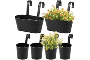 LYDODOKA 6 Pack Railing Planter for Outdoor, Large Iron Balcony Hanging Planter with Detachable Hook and Drainage Hole, Fence