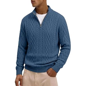 JMIERR Mens Quarter Zip Cable Knit Sweater Stand Collar Pullover Tops | Classic cable texture, stand collar quarter-zip detai