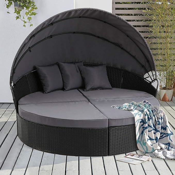 Amazon Com Patiomore Outdoor Patio Round Daybed With Retractable Canopy Black Wicker Furniture Clamshell Sectional Seating With Washable Cushions For Patio Backyard Porch Pool Kitchen Dining