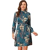 Allegra K Women's Mock Neck Swing Knee Length Long Sleeve A-line Floral Dress