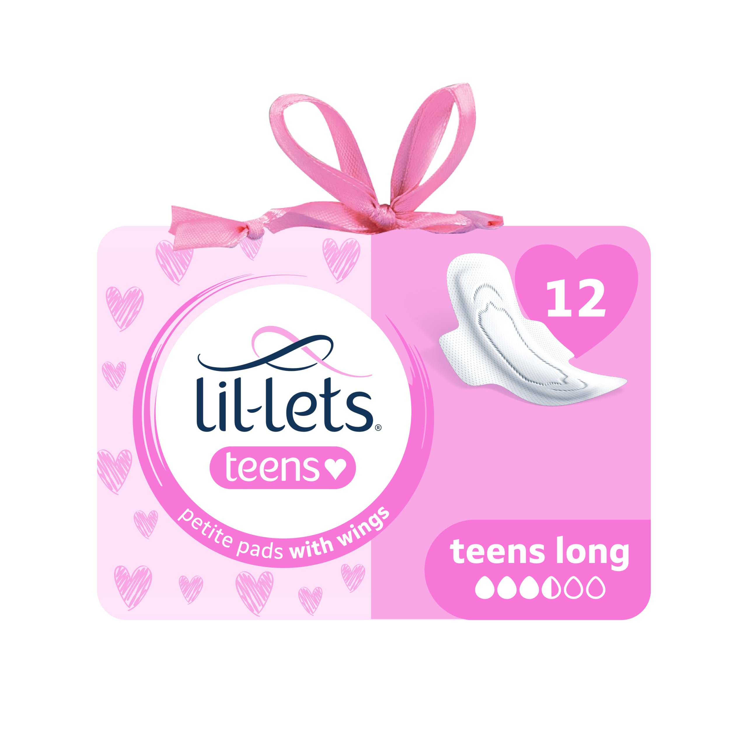 Lil-Lets Teens Long Pads X 12, Petite Towels for Girls & Teenagers, with Wings, for Medium Flow, Unscented, Soft & Breathable, First Period Sanitary Towels, 1 Pack of 12 Pads